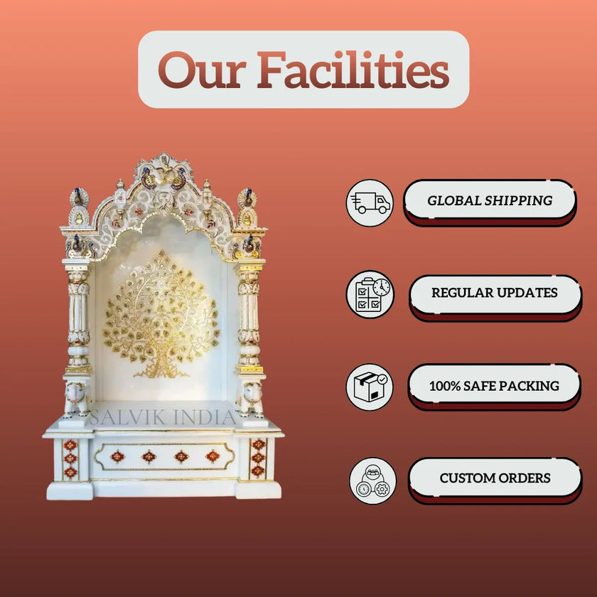 White Makrana marble mandir for home temple with traditional carving