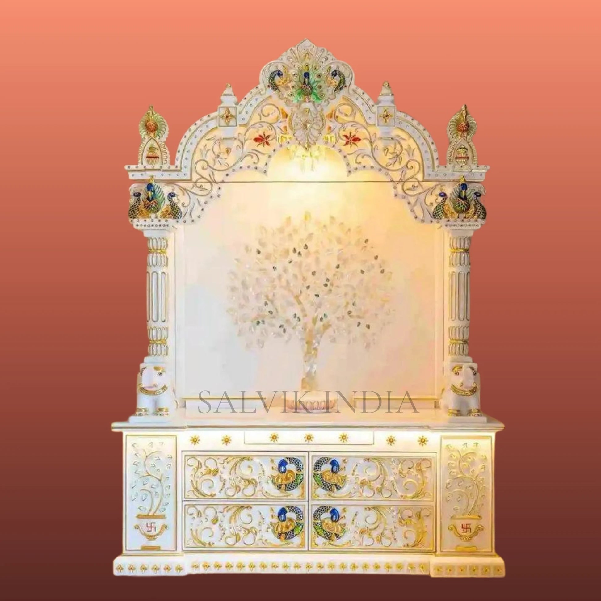 Handcrafted Makrana white marble mandir for home pooja room temple design
