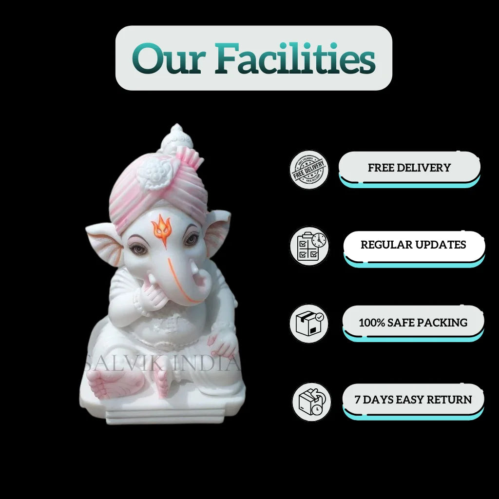2 Feet White Marble Ganesh Idol for Pooja Room