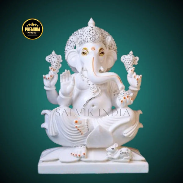 White Marble Ganesh Idol handcrafted in Vietnam marble – available in 6 to 36 inch sizes for home and temple.
