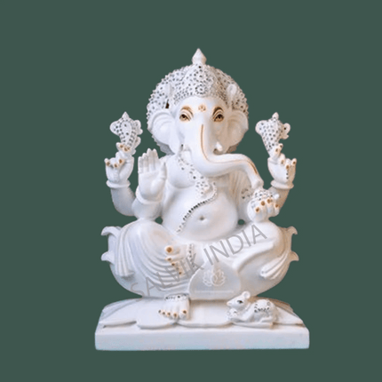 White Marble Ganesh Idol handcrafted in Vietnam marble – available in 6 to 36 inch sizes for home and temple.