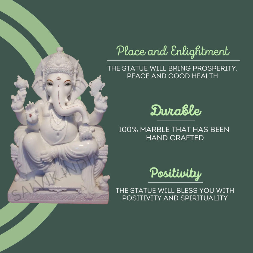White Makrana Marble Ganesh Idol 18 Inch – Durable Handmade Idol for Peace, Prosperity and Positivity