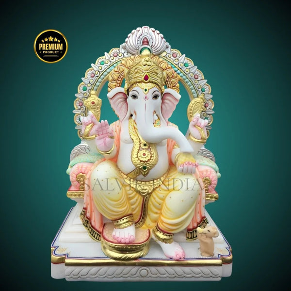 Handcrafted White Marble Ganesh Moorti – Premium Ganpati Idol with Golden Crown