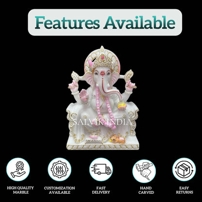 Front view of handcrafted White Marble Ganesh Murti