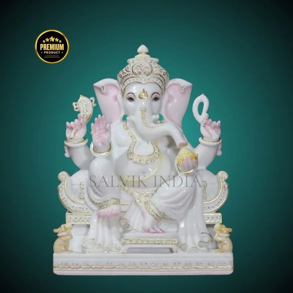 White Marble Ganesh Murti handcrafted in Vietnam marble – premium idol for home and temple by Salvik India.