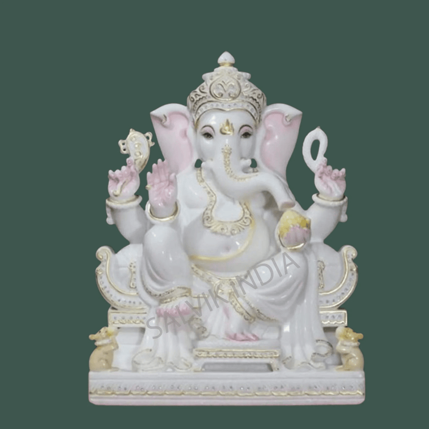 White Marble Ganesh Murti handcrafted in Vietnam marble – premium idol for home and temple by Salvik India.