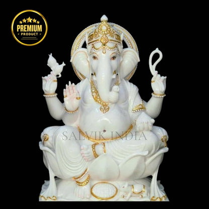 White Marble Ganesh Murti with Golden Crown – Handcrafted Idol by Salvik India