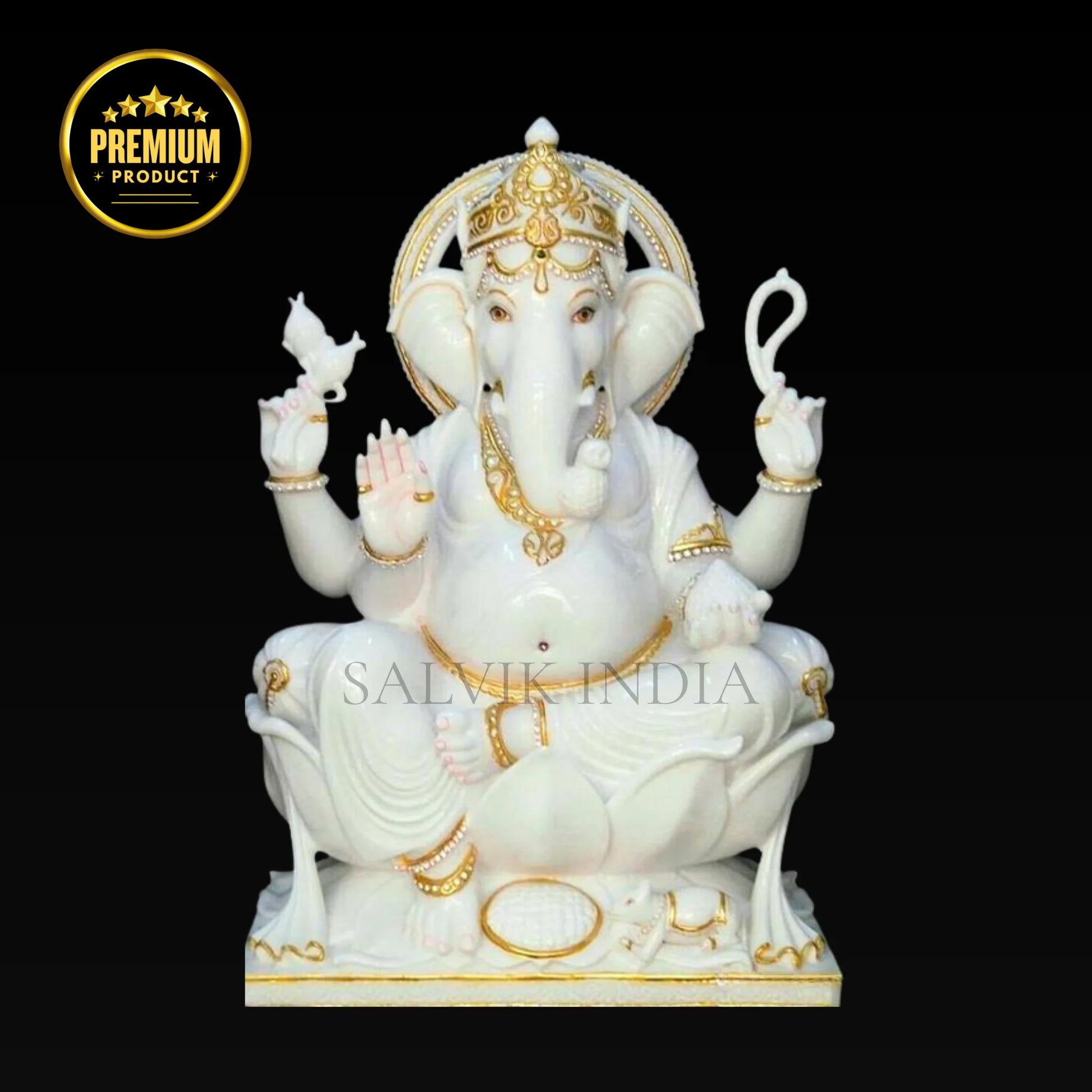 White Marble Ganesh Murti with Golden Crown – Handcrafted Idol by Salvik India