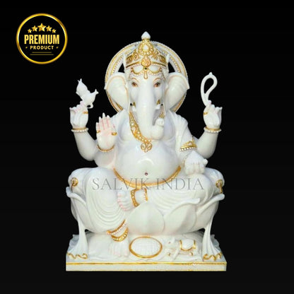 White Marble Ganesh Murti with Golden Crown – Handcrafted Idol by Salvik India