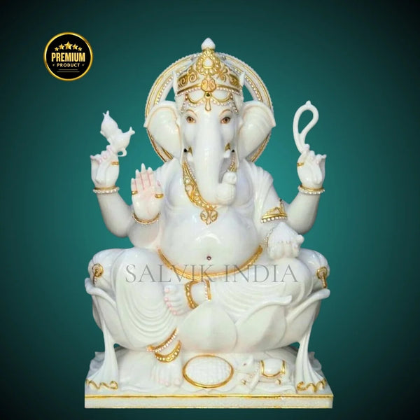 White Marble Ganesh Murti with Golden Crown – Handcrafted Idol by Salvik India