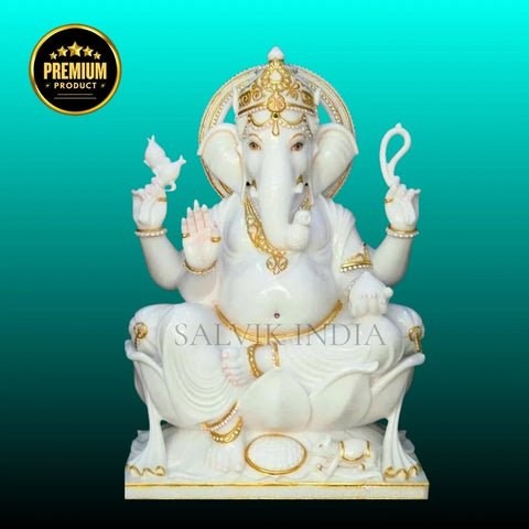 White Marble Ganesh Murti with Golden Crown – Handcrafted Idol by Salvik India