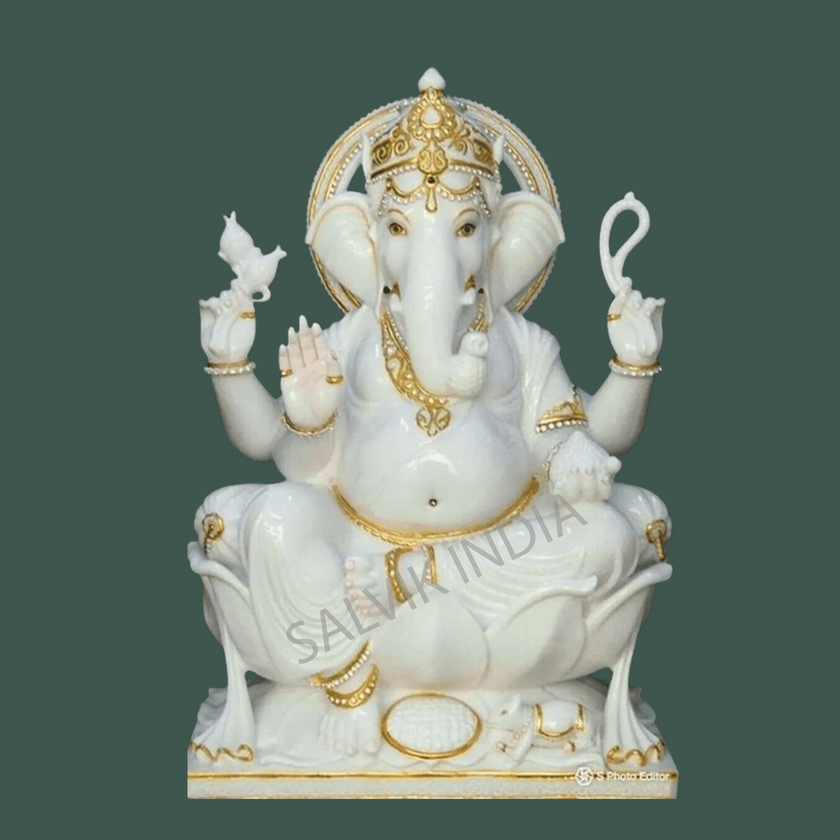 White Marble Ganesh Murti with Golden Crown – Handcrafted Idol by Salvik India