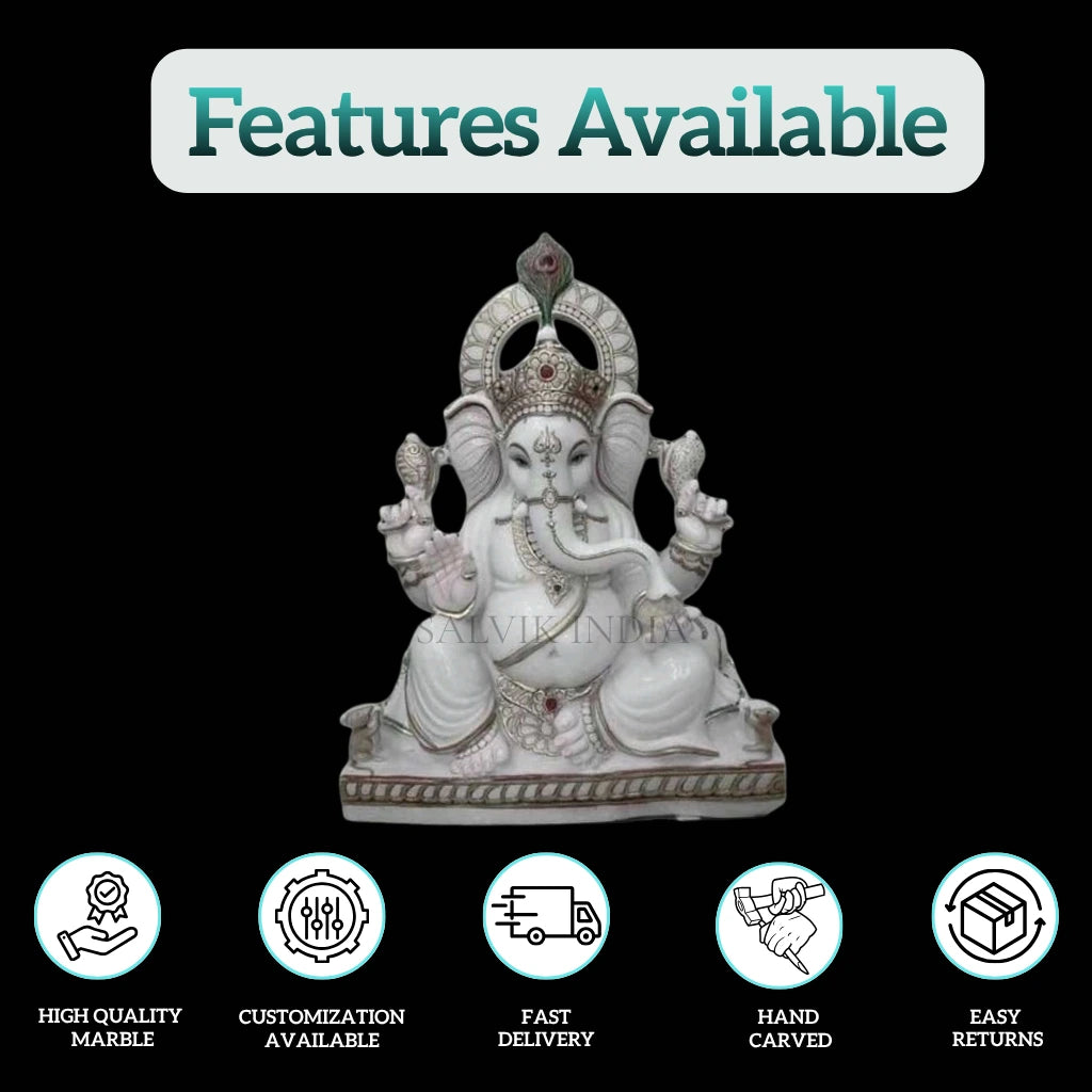 Front view of handcrafted White Marble Ganesh Statue