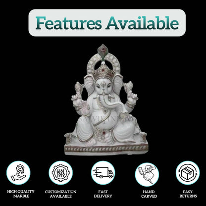 Front view of handcrafted White Marble Ganesh Statue