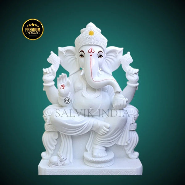 White Marble Ganesh Idol with Features – Customization, Fast Delivery, Hand-Carved