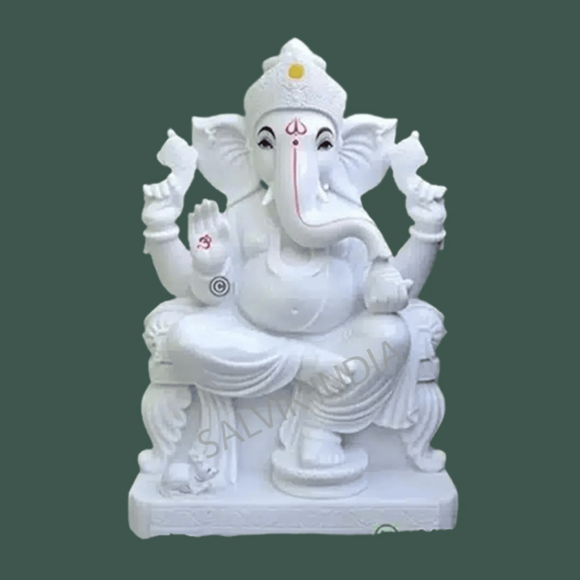 White Marble Ganesh Idol with Features – Customization, Fast Delivery, Hand-Carved