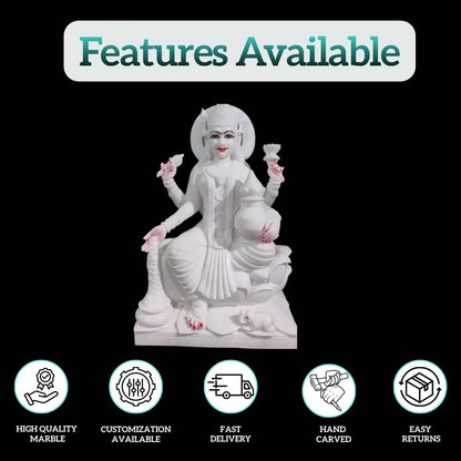 White marble Lakshmi statue with handcrafted detailing