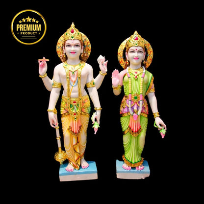 White marble Laxmi Narayan statue with traditional handcrafted detailing