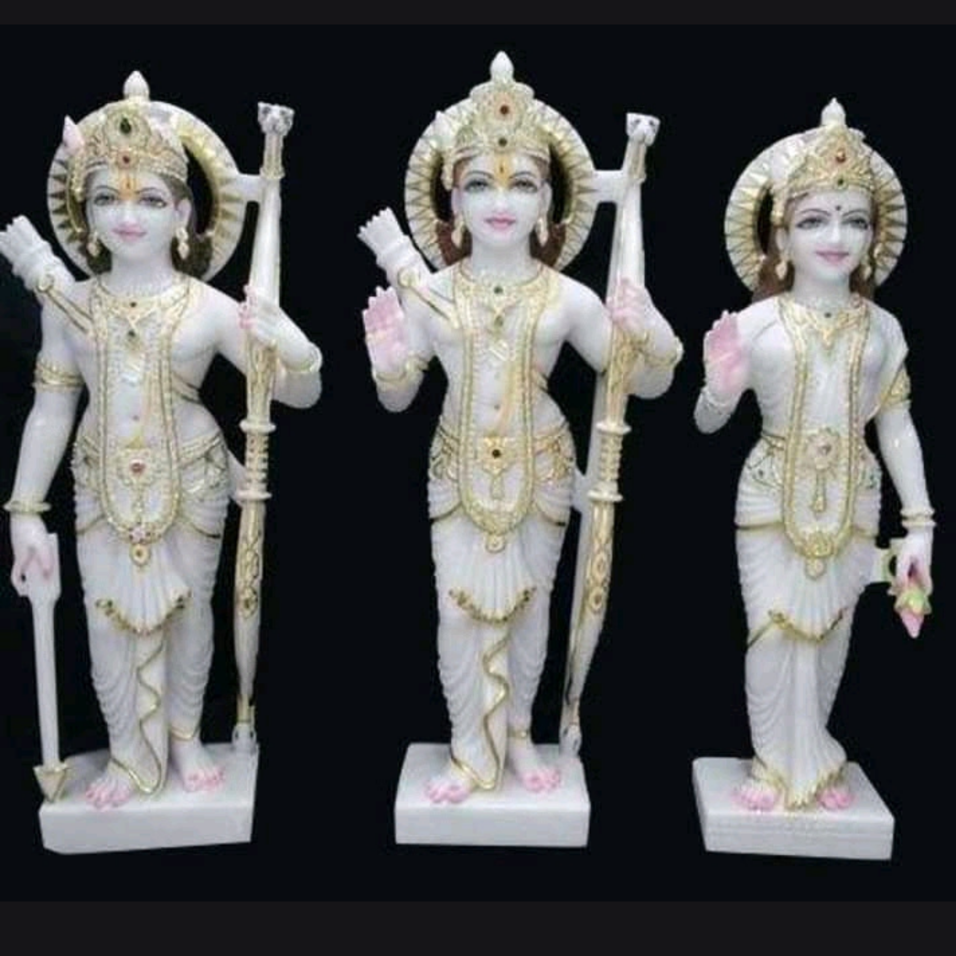 White marble Ram Darbar decorative idol set with painted detailing