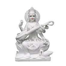 White marble Saraswati idol for home mandir handcrafted finish