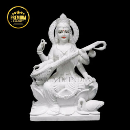 White marble Saraswati idol for home mandir handcrafted finish