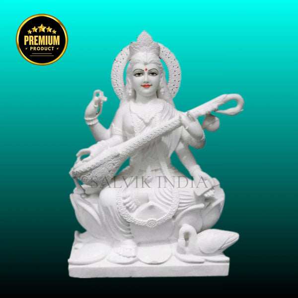 White marble Saraswati idol for home mandir handcrafted finish