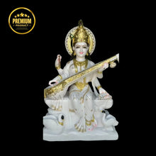 Handcrafted white marble Saraswati statue