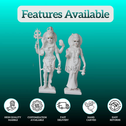 Front view of white marble Shiv Parvati murti for home temple