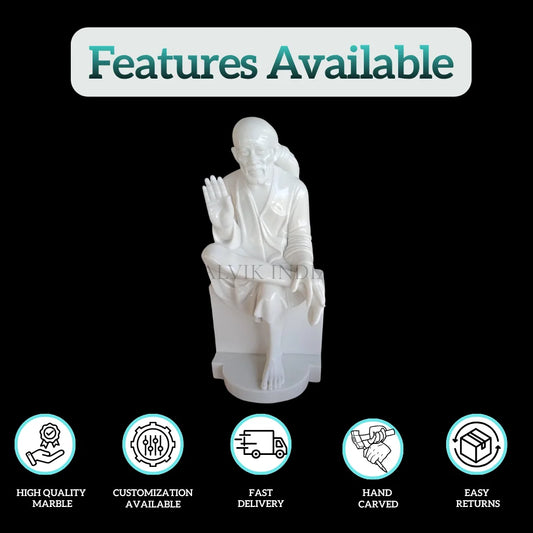 White Sai Baba marble idol close up face detailing