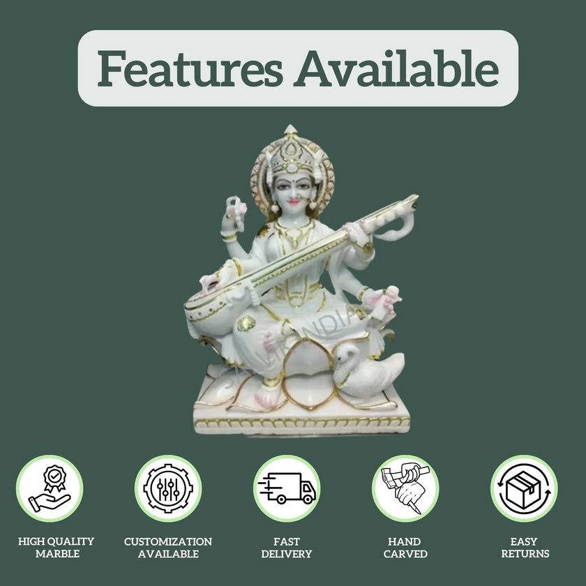 White Saraswati Idol - Salvik | Marble Murti Manufacturers in India