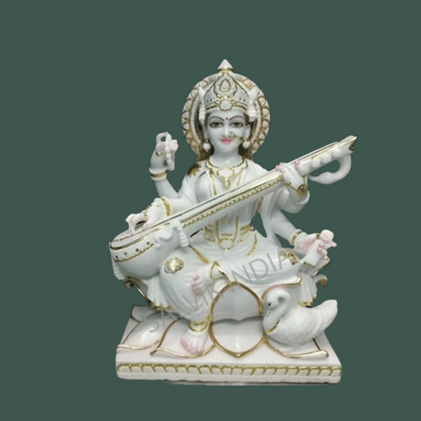 White Saraswati Idol - Salvik | Marble Murti Manufacturers in India