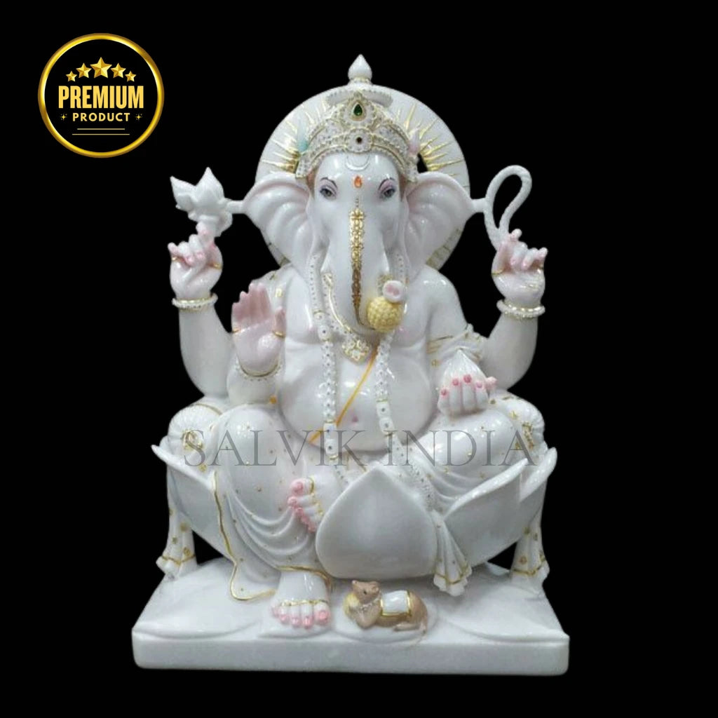 handcrafted White Vietnam Marble Ganpati Idol with intricate detailing