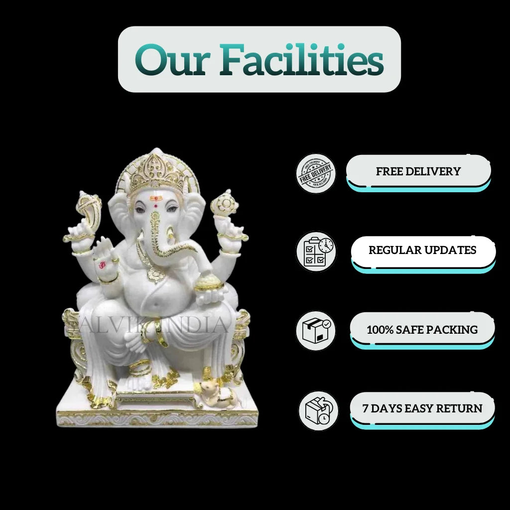 White Vietnam marble Ganpati murti with detailed carving