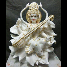 Premium white marble Saraswati statue with Veena and lotus base