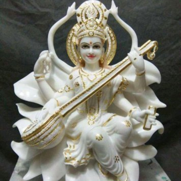 Premium white marble Saraswati statue with Veena and lotus base